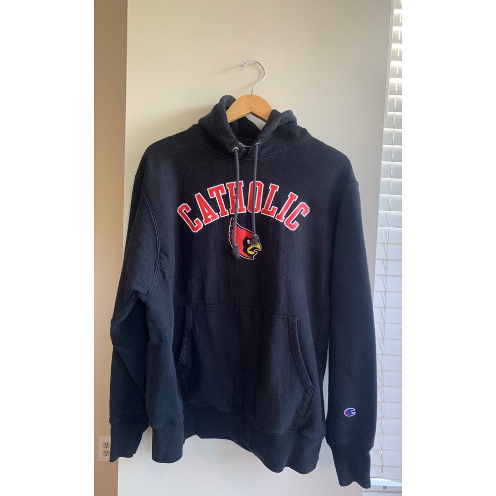 Champion Black Hoodie with Red and White Accents
